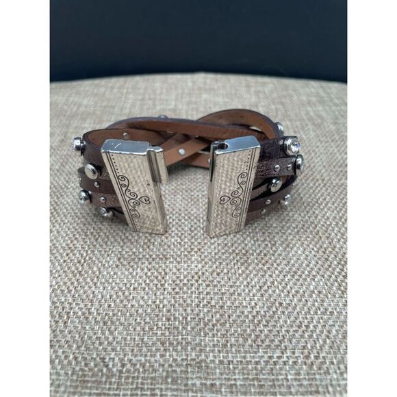 Brighton Thea Harlow Bronze Leather Braided Cuff Bracelet Studded Magnetic 7" - Picture 7 of 10